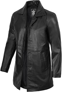 fjackets Leather Coat Men Real Lambskin - 3/4 Length Long Leather Jacket Men, Car Coat Style Genuine Mens Leather Coat