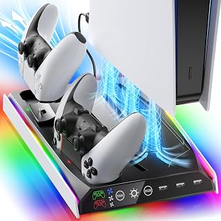 Fenolical PS5/Slim/Pro Stand with Adjustable Cooling Fan, Vertical PS5 Cooling Charger Stand for PS5/Slim/Pro, Multifunctional PS5 Slim Cooling Station with Dual Controller Chargers and RGB Light