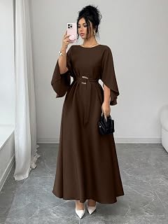 Women's Round Neck Flare Sleeve Belted Maxi Dress with Double Buckle Waist Tie