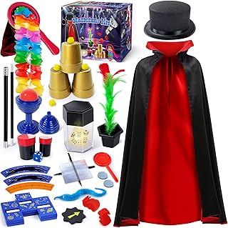 Kids Magic Kit with Magician Costume, Hat, Wand | Magic Tricks Set, Pretend Play, Instructions Included, Christmas Halloween Birthday Gift