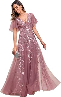 Ever-Pretty Women's Evening Dresses Long Sleeve Ruffle Tulle Leaf Sequins V Neck Chic Burgundy 36
