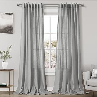 Nanspring Grey Linen Curtains 102'' Long for Bedroom Back Tab Light Filtering Privacy Sheer Grey Curtains Modern Farmhouse Decor Cotton Textured Gauze Curtain 2 Panel Set 52x102