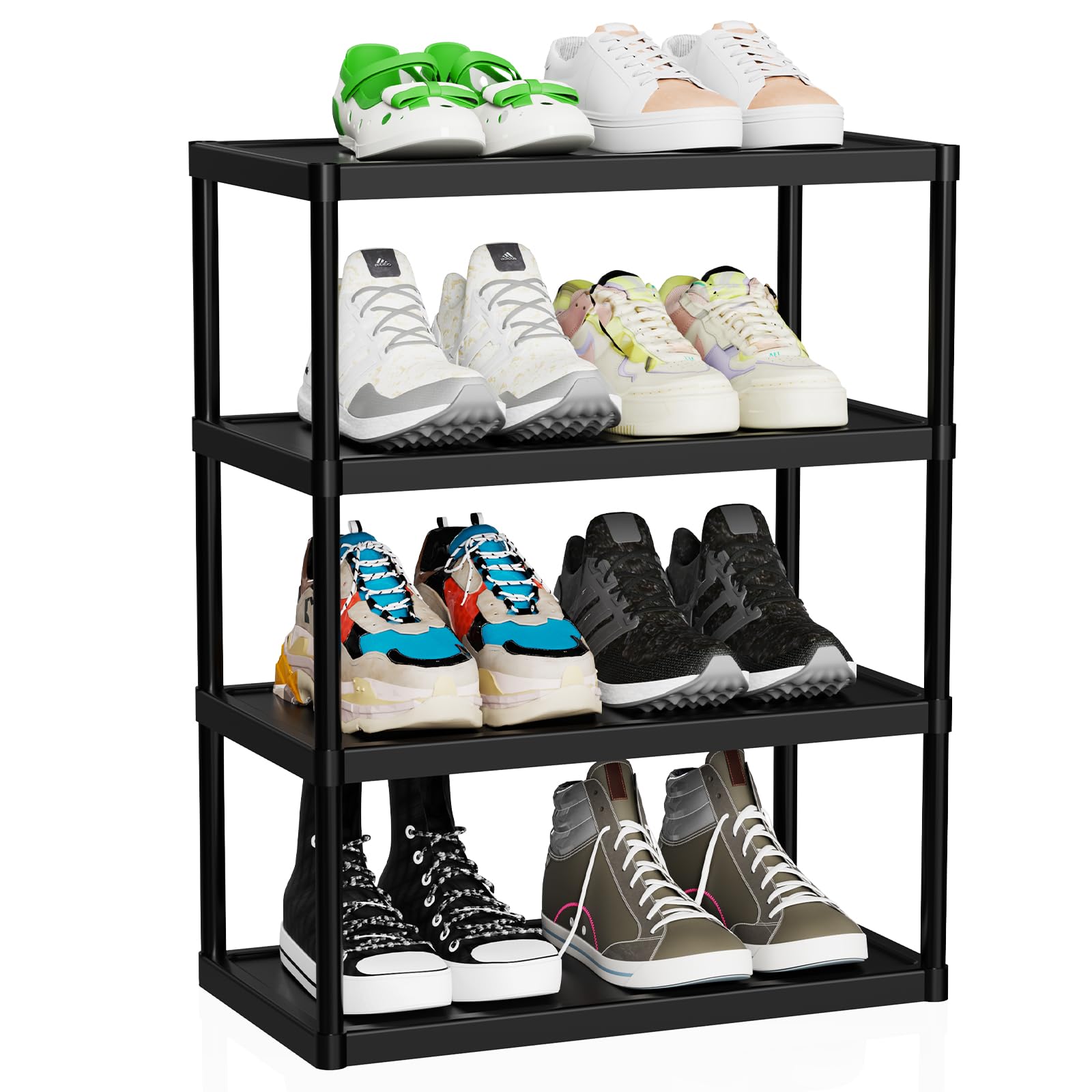 4 Tier Double Row Small Shoe Rack, Slim Plastic Shoes Stand