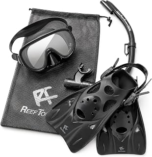 【Amazon.co.jp Exclusive】 Reef Tourer (REEF TOURER) Snorkeling 3-Piece Set with Mesh Bag, Panorama Wide-View Mask + Snorkel with Wave Guard + Lightweight Compact Fin, Black/White, Sizes S/M/L, RP0104P