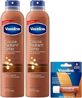 Vaseline Cocoa Radiant Spray Body Lotion 2-Pack + Lip Therapy Stick | Quick, Non-Greasy Coverage That Leaves Skin Soft &amp; Smooth | Includes a Moisturizing Lip Balm for Dry Lips