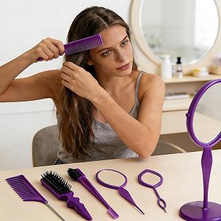 Hair Brush Set 5 Pieces Hair Brush for Women, Hair Brush with Hair Combs, Styling Brushes for Styling Fine Hair for Edge Control (Purple, 22cm)