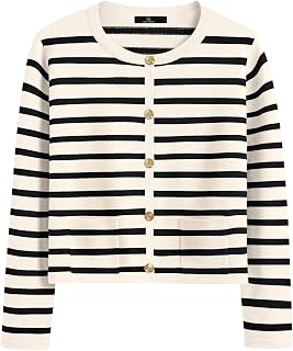 LILLUSORY Women's Crew Neck Gold Buttons Cardigan Sweaters Lady Jacket with Patch Pockets