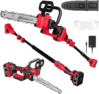 2-in-1 Cordless 10-Inch Pole Saw & Chainsaw for Milwaukee 18V Battery | 4.0ah Battery Included. 14.5 FT Extension Pole. Brushless Motor. Auto-Oiling System. Hand Held Chainsaw for Tree Trimming.