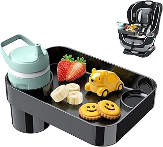 Car Seat Tray for Kids Toddlers Travel with 3-Inch Cup Holder & Dip Well | Mess-Free Kids Travel Tray, Fits Sippy Cups & Straw Bottles, Easy Clean, Square Design, Road Trip Essentials for Kids, Black