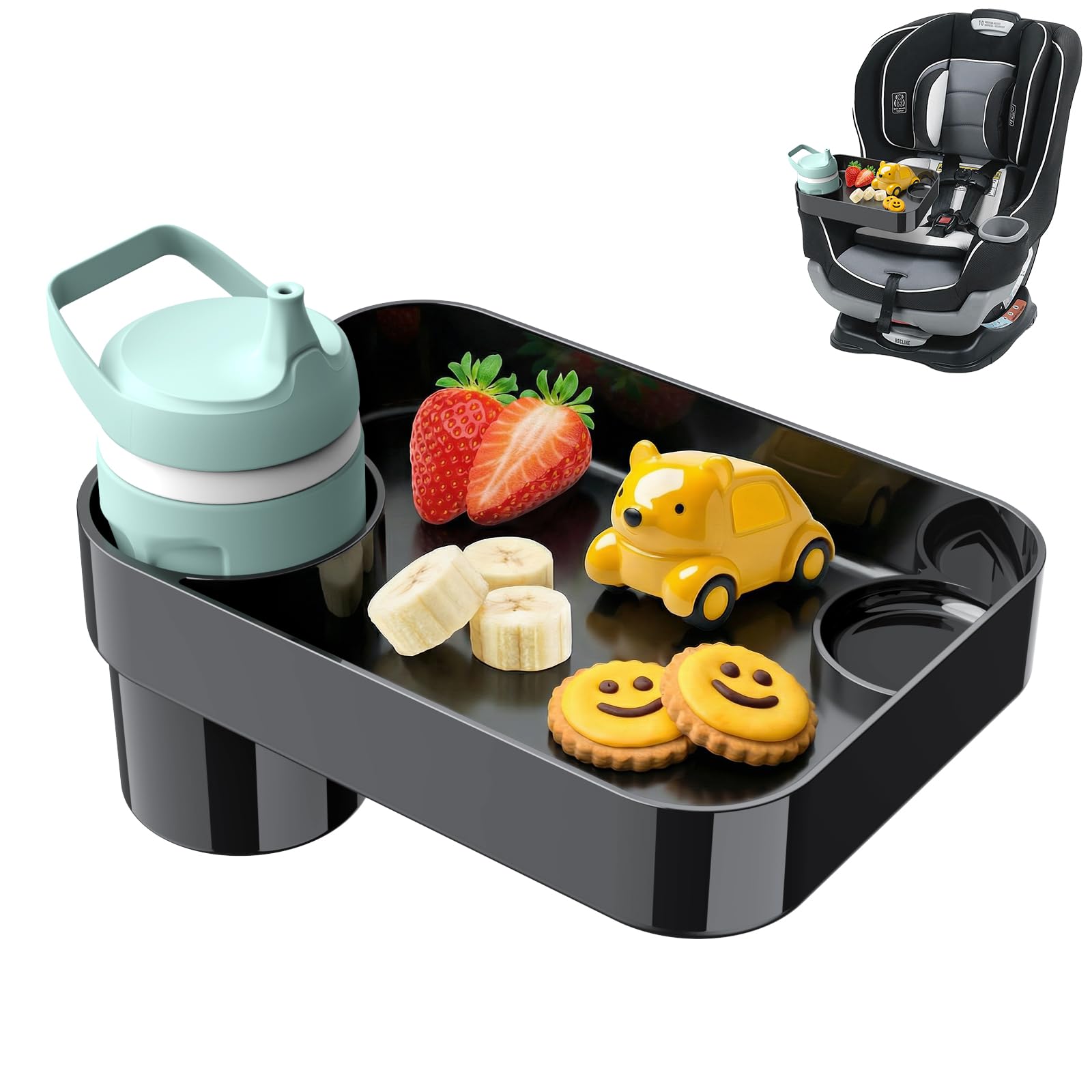 Car Seat Tray for Kids Toddlers Travel with 3-Inch Cup Holder & Dip Well | Mess-