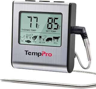TempPro TempTrack Large LCD Digital Meat Thermometer for Cooking, Smoking | Kitchen Food ProbeThermometer With Clock Timer, Stainless Steel Temperature Probe for Oven Smoker BBQ Grill Candy