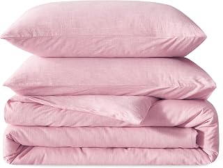 BFS Home Linen Duvet Cover King Size, Soft and Breathable Cotton Linen Blend 3 Piece Bedding Set with 2 Pillow Shams, Stone Washed Texture, Light Pink