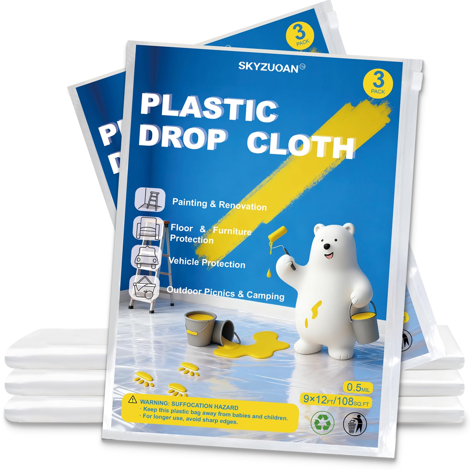 3 Pack 9x12 FT Plastic Drop Cloths for Painting, Disposable Sheeting & Tarp | Li