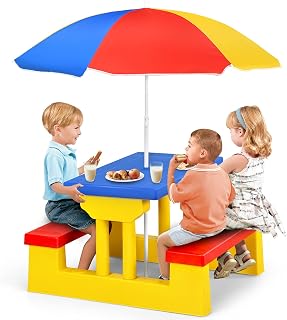 Costzon Kids Picnic Table, Indoor & Outdoor Table and Bench with Removable Umbrella, Portable Toddler Picnic Table and Chair Set for Garden, Backyard, Patio