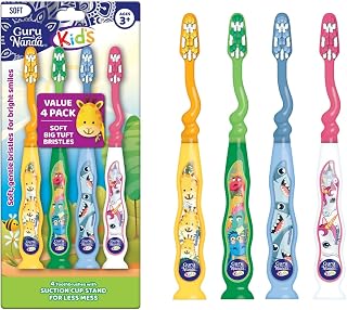 GuruNanda Kids Toothbrush with Suction Cup & Tongue Cleaner, Ages 3+, 4 ct | Multi-Colored & Fun to Use Cartoon Design|Soft Bristles for Healthy Gums|BPA & PFAS Free|Non Slip Handle|Assorted Colors
