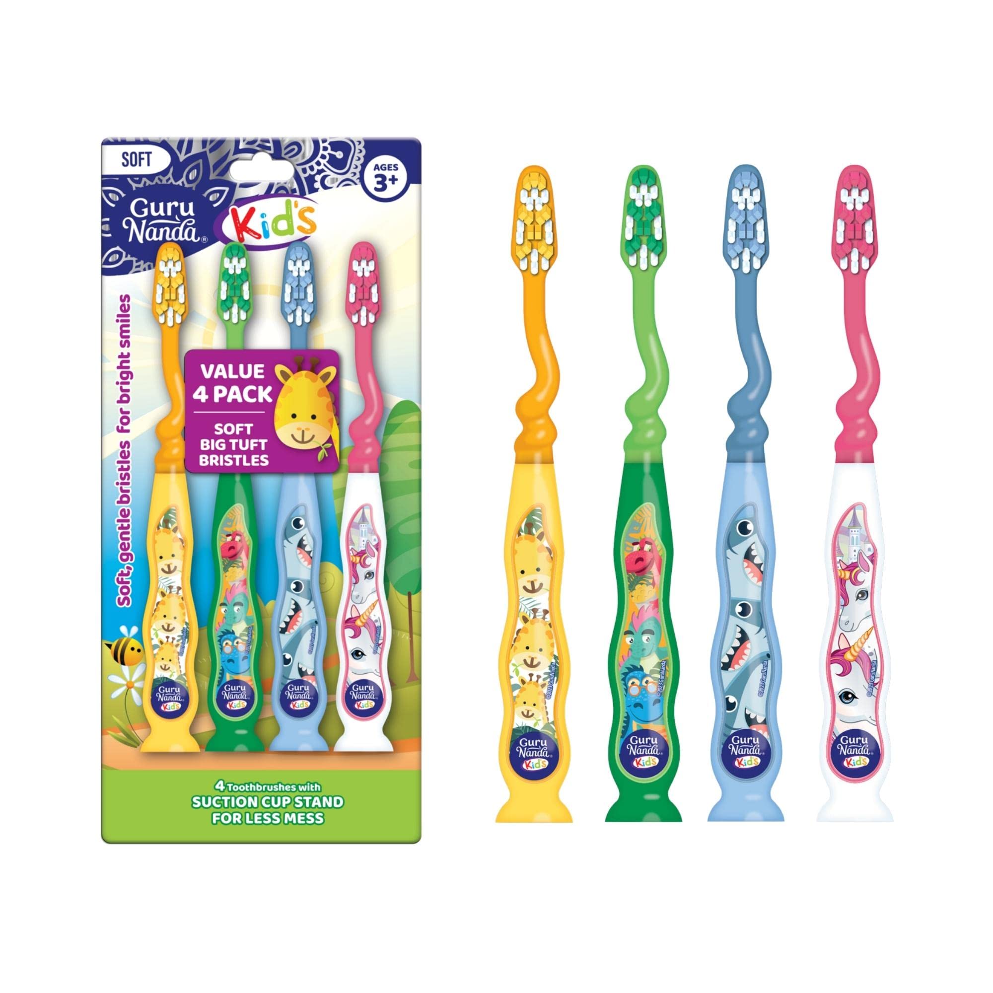 GuruNanda Kids Toothbrush with Suction Cup & Tongue Cleaner, Ages 3+, 4 ct | Mul