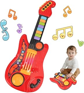 Drmukie 2-in-1 Electric Guitar & Piano Toy for Kids Toddlers 2-4 Year Old | 21 Inches Red Foldable Guitar with Stap, Demo Songs, Light Up, Music Toys for Boys Girls 3-5 Year Old, Birthday Gifts