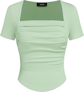 CIDER Going Out Tops Square Neck Ruched Short Sleeve Slim Fit Tee Shirt Basic Casual Tops for Women