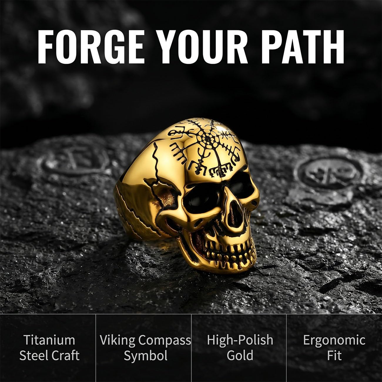 Gothic Skull Ring for Women Men Gold Plated Black/Silver Nordic Style Vintage Bi
