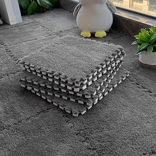 10Pcs Plush Puzzle Foam Floor Mat, Interlocking Carpet Tiles Baby Play Mat, Short Fleece Soft Climbing Carpet Mats for Room Floor, 31x30cm, Easy to Install (Gray)