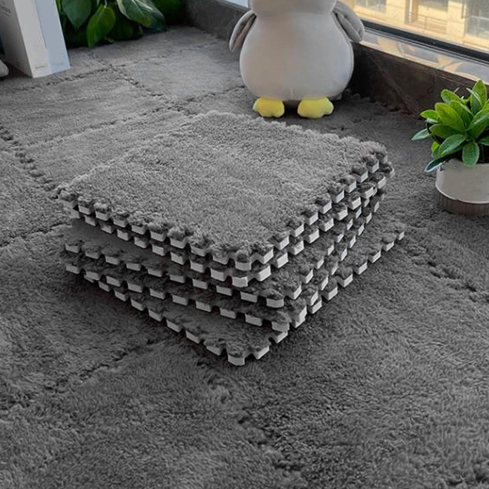 10Pcs Plush Puzzle Foam Floor Mat, Interlocking Carpet Tiles Baby Play Mat, Shor
