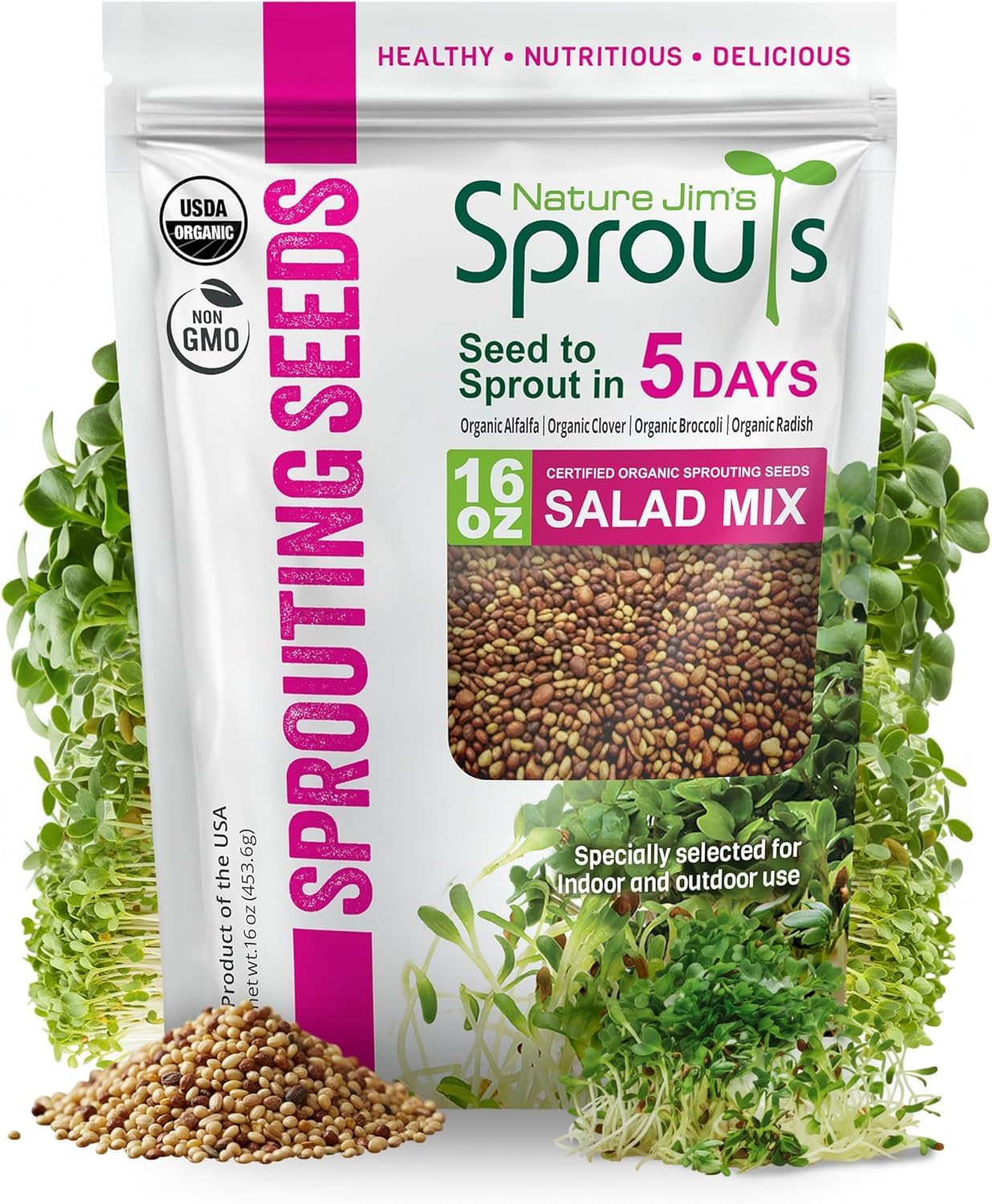Nature Jim's Sprouts Salad Mix – Broccoli, Alfalfa, Clover, Radish, 1lb | Organi