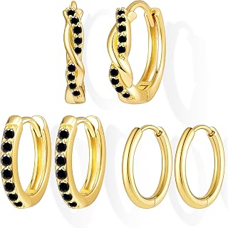 Inerney 14K Gold Plated Huggie Hoop Earrings for Women, Small Sterling Silver Earring Set Hypoallergenic Cartilage Helix Stacks, Mini Dainty Cute Trendy Birthstone Jewelry Gift for Multiple Piercings