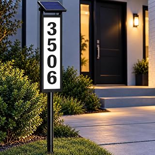 Eyrosa Solar Address Sign, Aluminum Lighted House Numbers for Outside Yard | Solar Address Sign with Selectable Cool or Warm White Light, Auto On at Night, DIY Numbers and Ground Stake Installation
