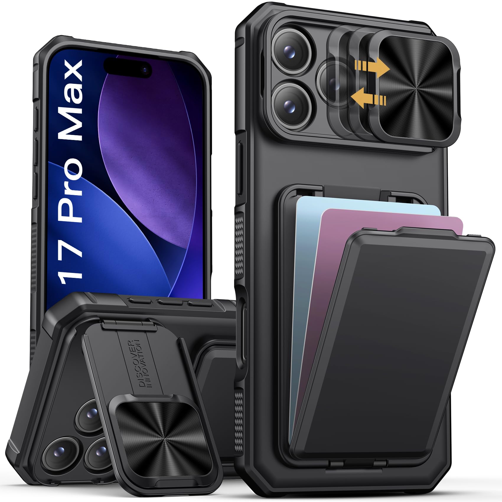 SSLOTSCASE for iPhone 17 Pro Max Case with Card Holder & Kickstand, Black | Slid