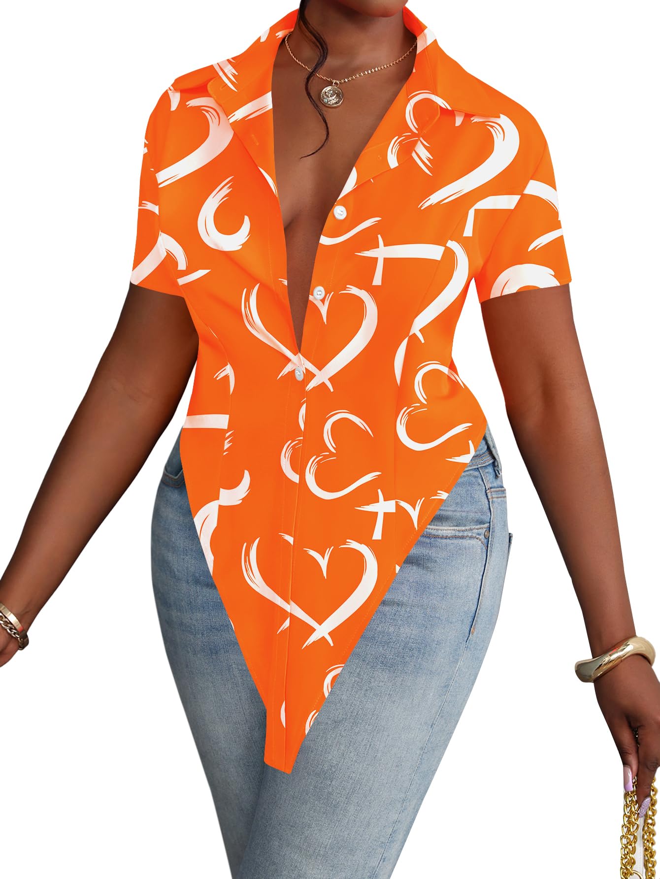 LYANER Women's Collar V Neck Button Front Short Sleeve Slit Hem Long Shirt Blous