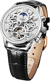 OLEVS Uomo Scheletro Orologio Automatico di Lusso Meccanico Orologi Da Polso Cinturino In Pelle Vestito Casuale Luna Phase Luminosa, Pelle nera e faccia Bianca,