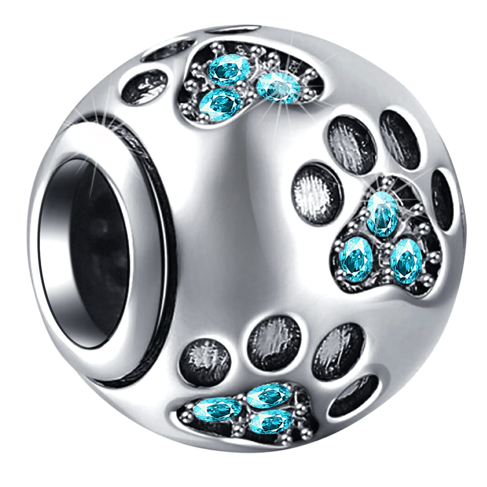 GLOWDAS Jan-Dec Birthstone Paw Print Charms fit European Bracelet Necklace, 925 