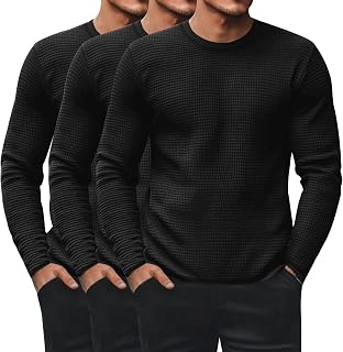 Ficerd Pack of 3 Men's Waffle Long Sleeve Crew Neck Thermal Tops and Casual Sweaters