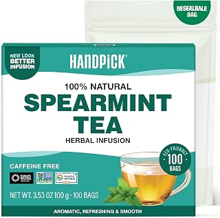 HANDPICK Spearmint Tea Bags, Pure Spearmint Leaf Herbal Tea (100 Count) | Sweet & Refreshing Mint | Caffeine Free | Non-GMO | Pure Herbal Infusion | Round Teabags | 100 Round Tea Bags