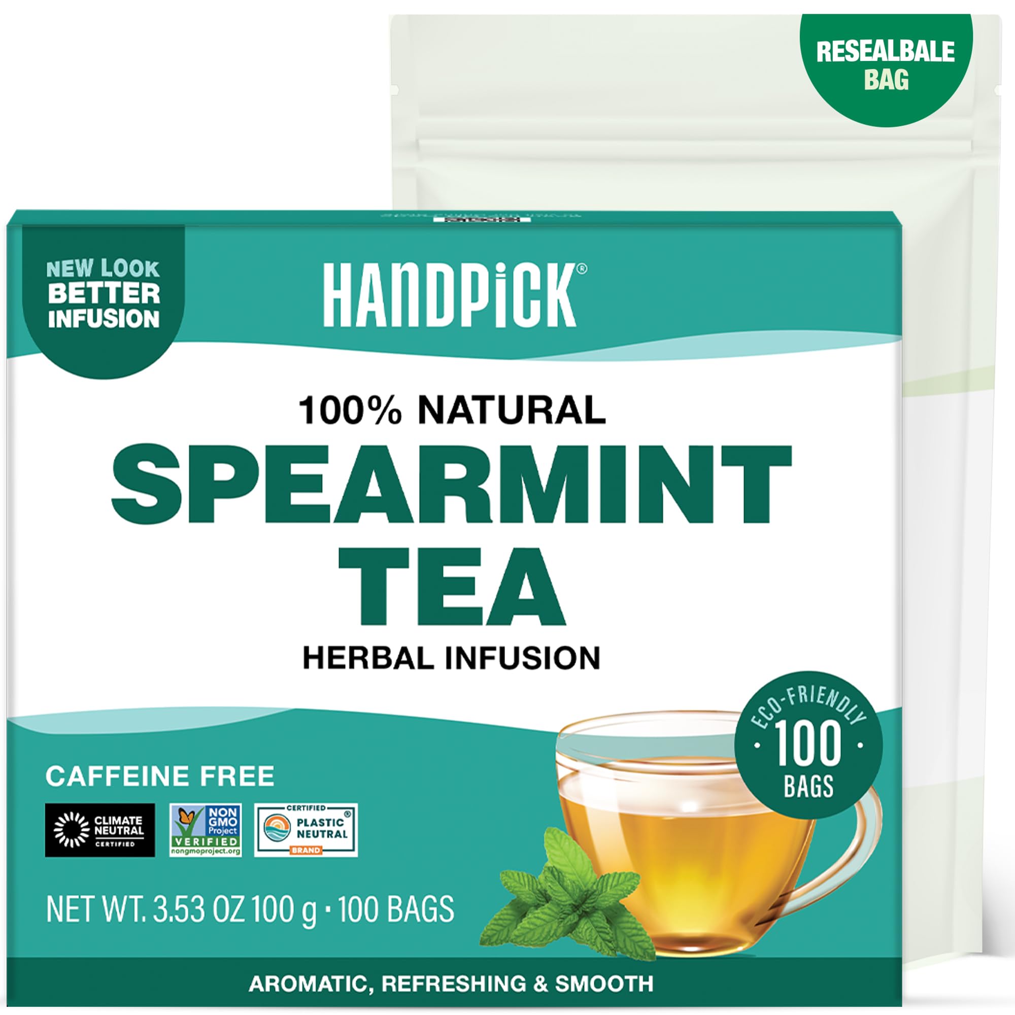 HANDPICK Spearmint Tea Bags, Pure Spearmint Leaf Herbal Tea (100 Count) | Sweet 