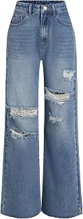 CIDER Women High Waist Distressed Wide Straight Wide Leg Ripped Jeans Pants