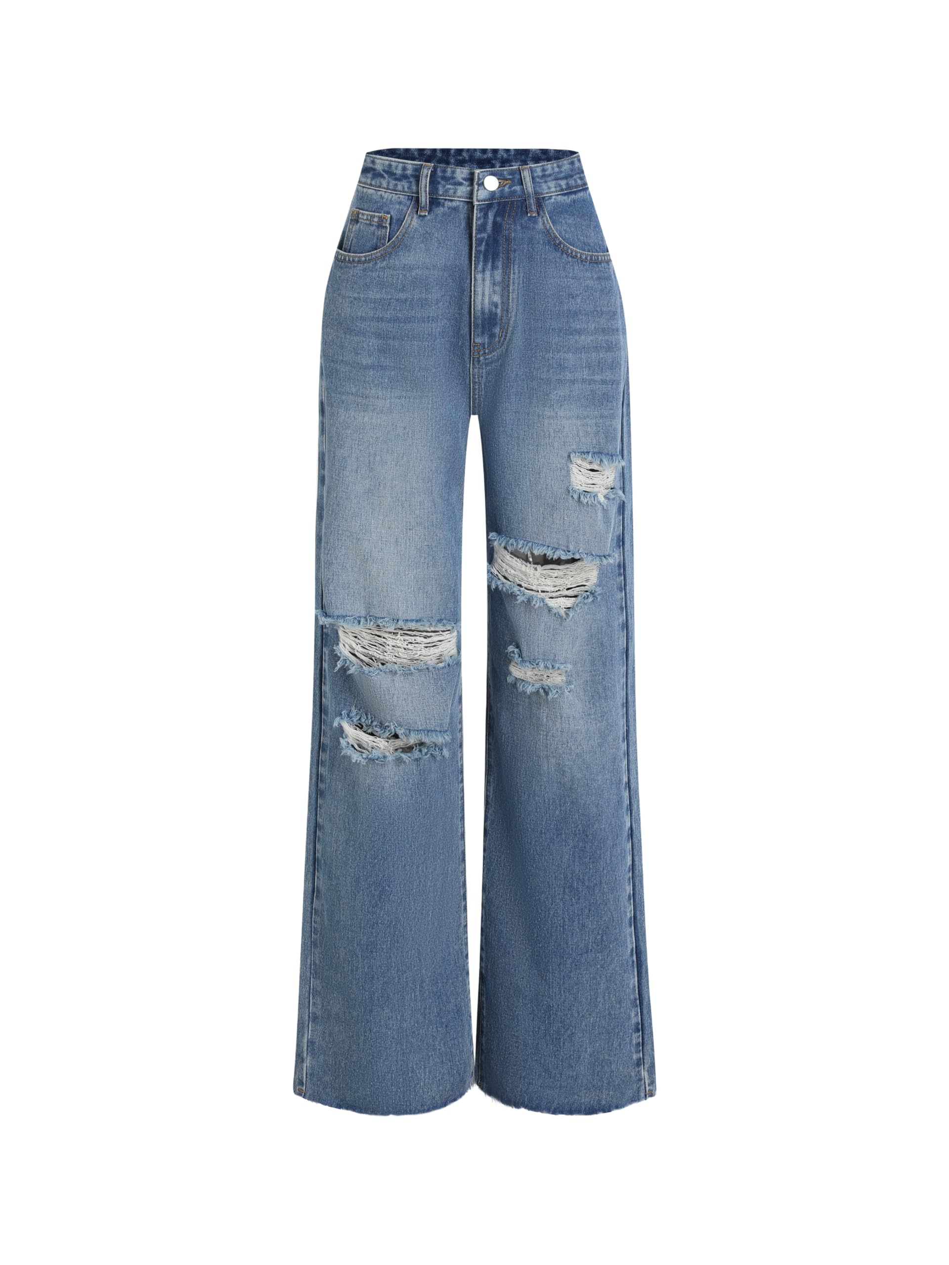 CIDER Women High Waist Distressed Wide Straight Wide Leg Ripped Jeans Pants