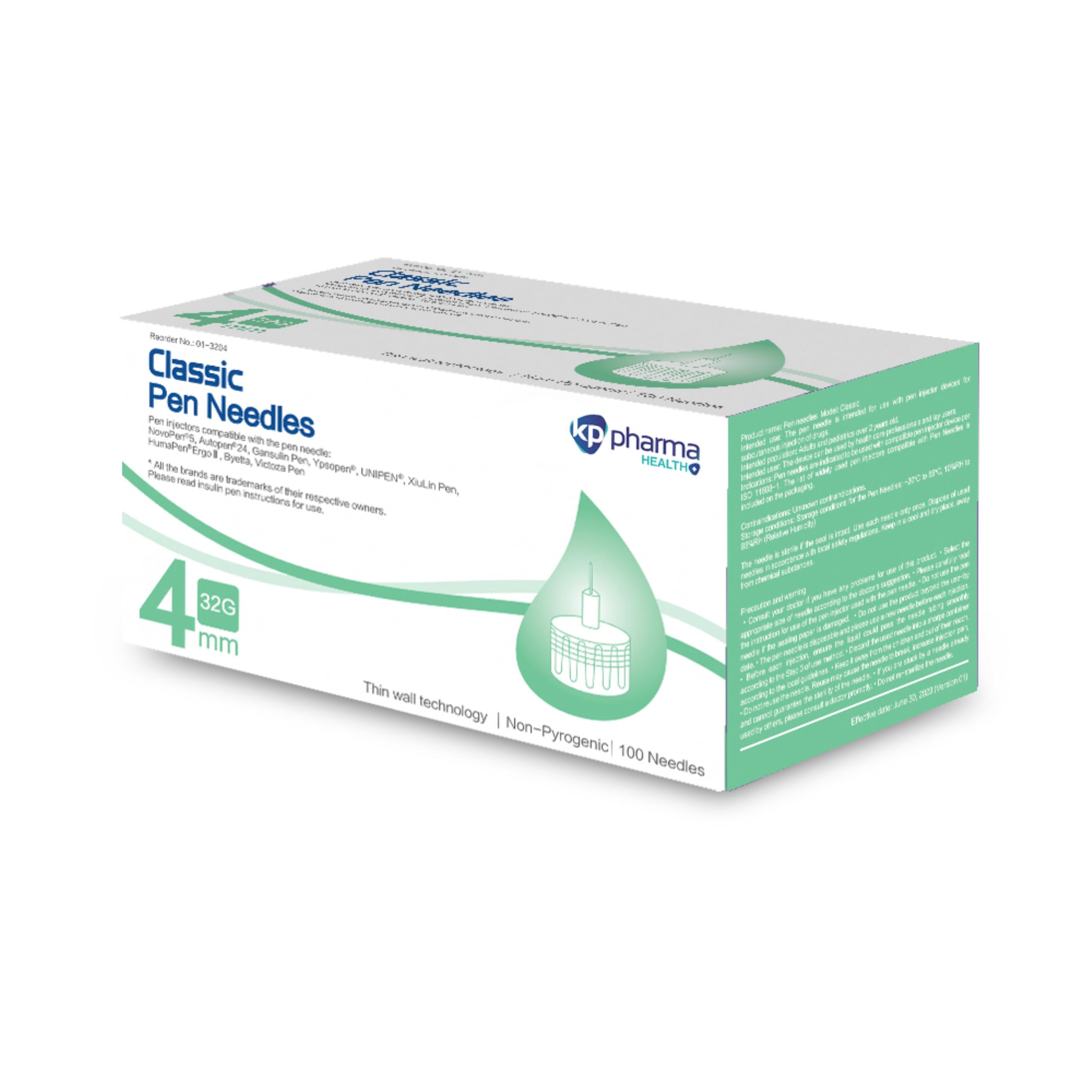 KP Pharma Classic Pen Attachment 32G x 4mm – Pack of 100 | Silicone Coated Indiv