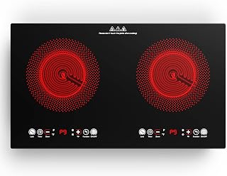 VBGK Electric cooktop,110V 24 inch 2 Burner Electric Cooktop,Built-in and Countertop Stove Top,3000W Stove,9 Power Levels, Kids Lock & Timer,LED touch control,Overheat Protection