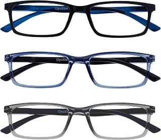 OPULIZE See - Reading Glasses Filter Set of 3 Blue Light Narrow Frame Spring Hinges Improve Sleep Gaming Computer Anti Glare Black Blue Transparent Grey Men Women BBB9-137 +3.00