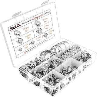 LOKMAN Stainless Steel Hose Clamp Assortment Kit- 60 Pieces, Adjustable 1/4''- 1-1/2'' (6-38mm) Worm Gear Metal Fuel Line Clamp for Plumbing, Automotive And Mechanical Applications