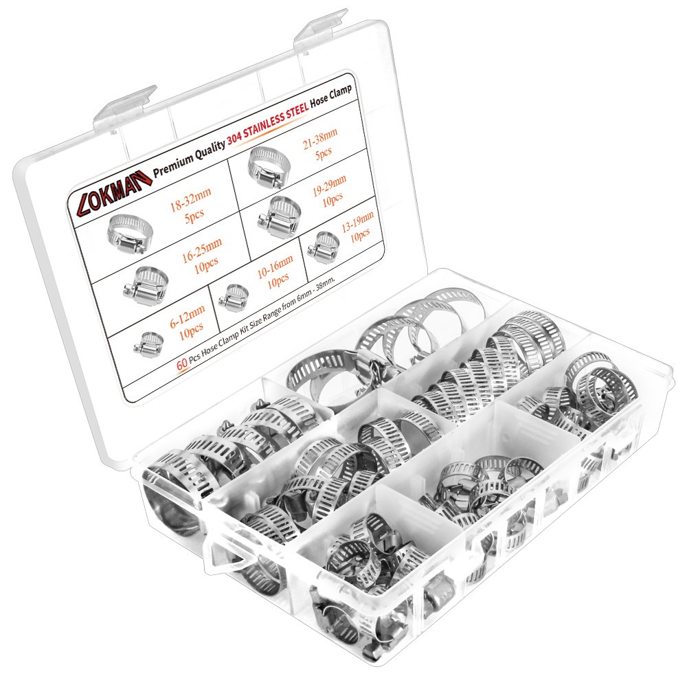 LOKMAN Stainless Steel Hose Clamp Assortment Kit- 60 Pieces, Adjustable 1/4''- 1