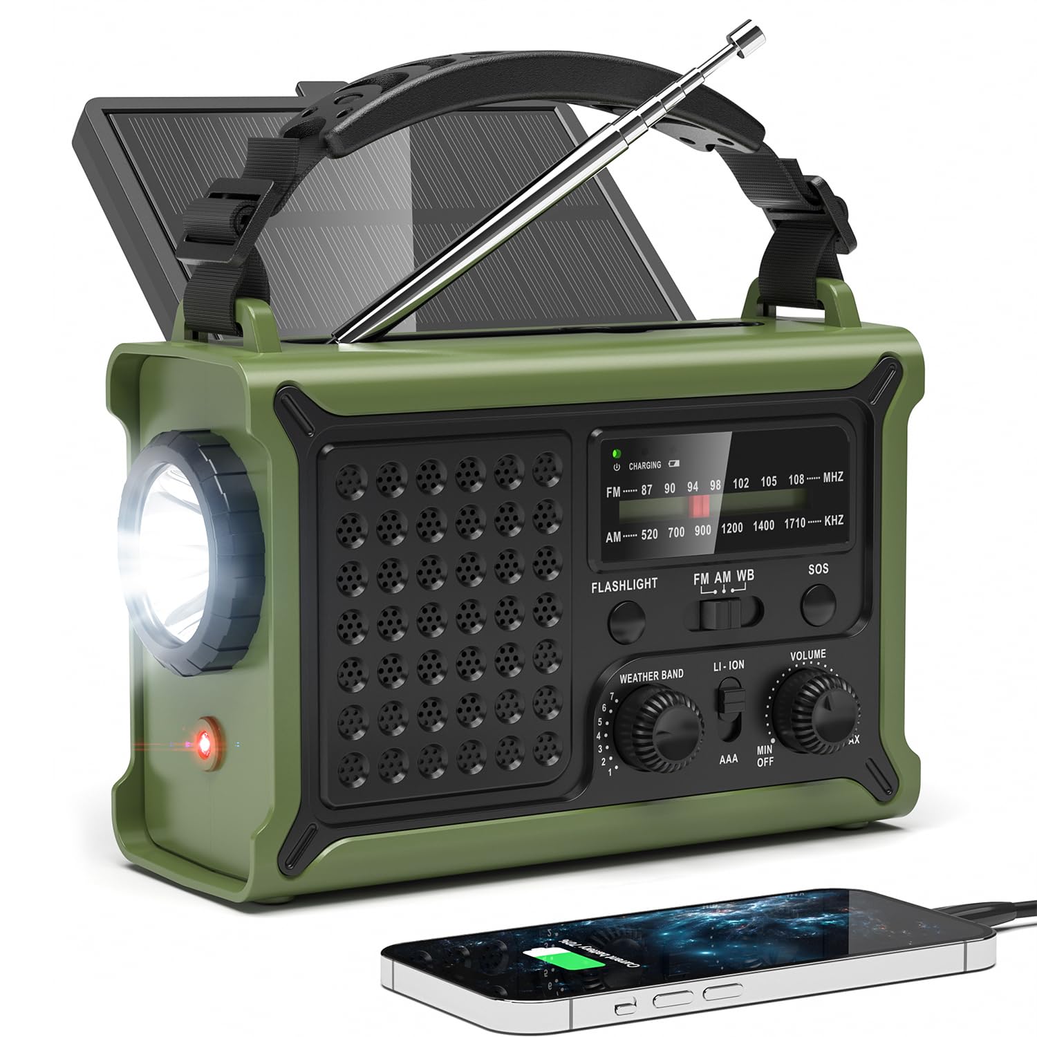 12000mAh/44400mWh Emergency Radio, NOAA Weather Radio, Hand Crank & Solar | Clea