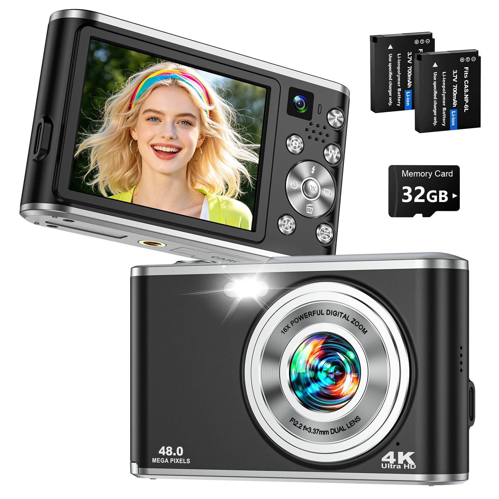 4K Digital Camera for Photography 48MP Dual Lens Autofocus 16X Zoom, Black | Com