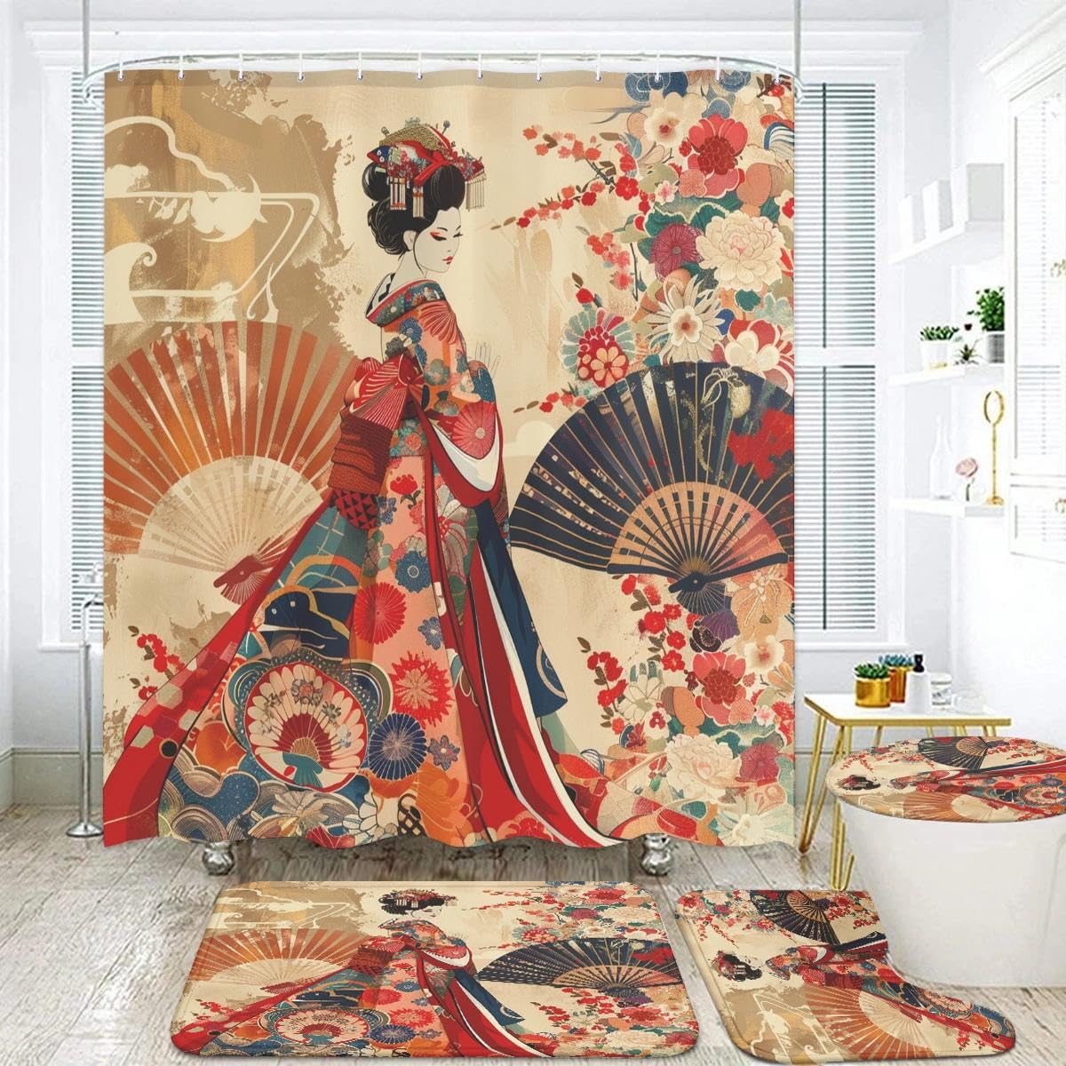 Japanese Geisha Bathroom Set, 4-Piece with Shower Curtain 71x71, Bath Mat, Conto