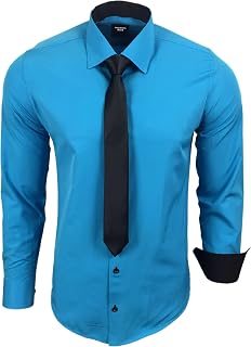 Subliminal Mode - Men's Long-Sleeved Shirt with Two-Tone Collar Plain + Black Tie Shirt Slim Fit Business Easy Iron RN77