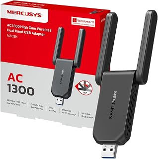 MERCUSYS MA32H AC1300 WiFi Dongle, Dual-Band USB 3.0 WiFi Adapter for PC | 2 High Gain Antennas, Broader Coverage, MU-MIMO, Lower Latency, Superior Speeds, WPA3 Security, Win 10/11, Plug & Play