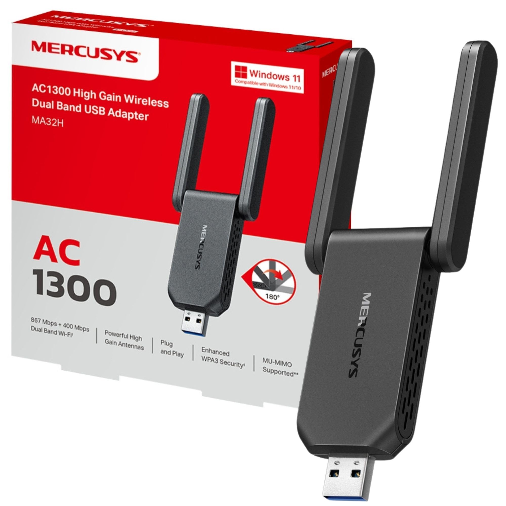 MERCUSYS MA32H AC1300 WiFi Dongle, Dual-Band USB 3.0 WiFi Adapter for PC | 2 Hig