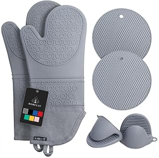 RORECAY Silicone Oven Mitts and Pot Holders Sets, Gloves for Kitchen, Gray | Set of 6 Kitchen Mitts for Baking & Cooking, Heat Resistant 500 ℉, 15" Extra Long, Non-Slip & Waterproof, Quilted Cotton
