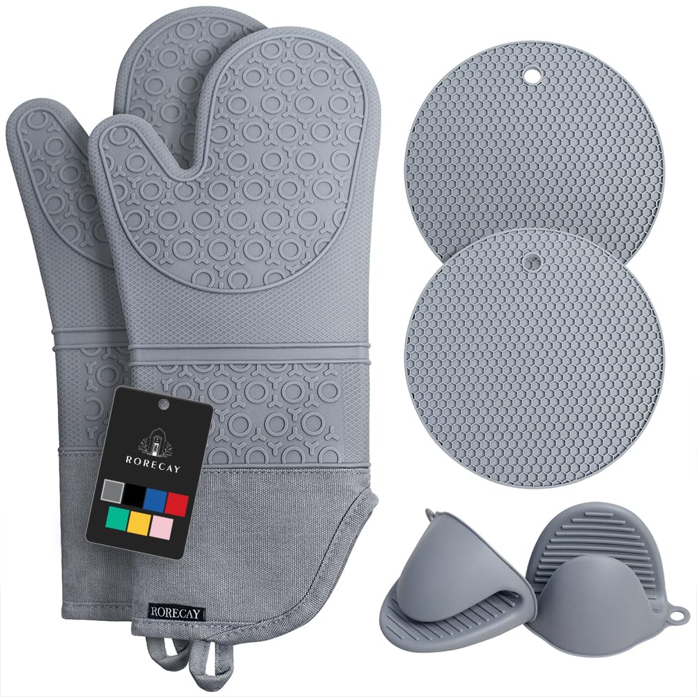 RORECAY Silicone Oven Mitts and Pot Holders Sets, Gloves for Kitchen, Gray | Set